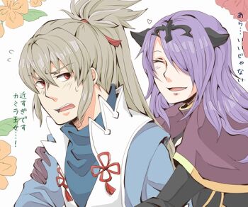 1boy 1girl blush camilla_(fire_emblem) closed_eyes fire_emblem fire_emblem_fates grey_hair hair_over_one_eye heart hug hug_from_behind kuroyaku looking_at_another looking_back nintendo older_female_and_younger_male one_eye_covered orange_eyes simple_background speech_bubble sweat takumi_(fire_emblem) tiara