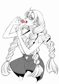 1girl absurdres bare_shoulders braid breasts commentary_request cowboy_shot food fruit hair_between_eyes highres holding holding_food holding_fruit kanroji_mitsuri kimetsu_no_yaiba large_breasts light_blush long_hair looking_at_viewer miniskirt mole mole_under_each_eye mole_under_eye multiple_braids multiple_moles off-shoulder_shirt off_shoulder open_mouth osaka_n_a parted_bangs pink_lips shirt skirt solo spot_color strawberry white_background