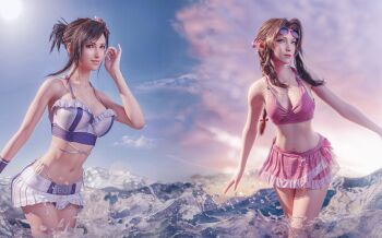 2girls 3d aerith_gainsborough bare_arms bare_shoulders bikini bikini_skirt braid braided_ponytail breasts brown_hair cleavage closed_mouth cloud cloudy_sky costa_del_sol drayqin eyewear_on_head final_fantasy final_fantasy_vii final_fantasy_vii_rebirth final_fantasy_vii_remake flower frilled_bikini frilled_skirt frills green_eyes grey_bikini hair_flower hair_ornament hair_ribbon hand_on_own_face highres large_breasts long_hair looking_at_viewer medium_breasts midriff miniskirt multiple_girls navel ocean official_alternate_costume parted_bangs parted_lips partially_submerged patreon_logo pink_bikini pink_ribbon ponytail red_eyes ribbon short_ponytail sidelocks single_braid skirt sky smile sunglasses swept_bangs swimsuit tifa_lockhart wristband