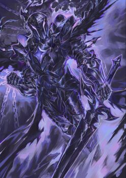 1boy armor black_armor chain commentary cookie_run english_commentary gauntlets highres holding holding_sword holding_weapon knight male_focus nameno92372763 shoulder_armor silent_salt_cookie solo sword visor_(armor) weapon