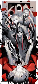 1girl 3boys absurdres chinese_commentary cloak closed_eyes commentary_request fangs fate/strange_fake fate_(series) highres hood hood_up hooded_cloak hooded_jacket jacket jester_karture long_sleeves lying mask mouth_mask multiple_boys necktie no_name_assassin_(fate) on_back on_ground open_mouth roumeiaogu shirt short_hair smile