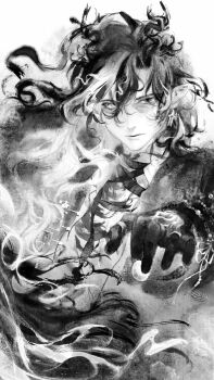 Rule 34 | 1boy, arknights, board game, chinese commentary, colored extremities, commentary request, dragon boy, dragon horns, earrings, eastern dragon horns, go (board game), greyscale, heterochromia, highres, holding go stone, horns, jewelry, long hair, looking at viewer, male focus, monochrome, pointy ears, solo, upper body, wang (arknights), wavy hair, zhuhe857