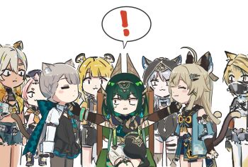 ! 6+girls animal_ears ashru_(genshin_impact) black_cat black_gloves brown_hair cat cat_ears cat_girl cat_tail chair cipher_(honkai:_star_rail) closed_eyes diona_(genshin_impact) dress feral_instincts genshin_impact gloves green_eyes green_hair grey_hair happy highres honkai:_star_rail honkai_(series) japanese_clothes ju_fufu kirara_(genshin_impact) long_hair long_sleeves looking_at_another lynette_(genshin_impact) multiple_girls nefer_(genshin_impact) nekomata on_chair pantyhose petting pulchra_fellini purple_eyes short_hair simple_background sitting smile spoken_exclamation_mark standing tail white_background xilonen_(genshin_impact) xinzoruo zenless_zone_zero