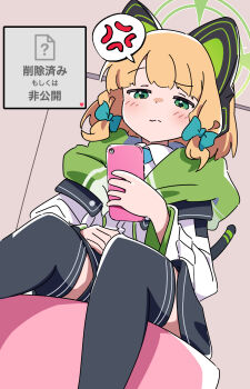 1girl anger_vein animal_ear_headphones animal_ears black_shorts black_thighhighs blonde_hair blue_archive blush bow cat_ear_headphones cat_ears cat_tail cellphone closed_mouth collared_shirt commentary_request dutch_angle fake_animal_ears fake_tail feet_out_of_frame green_bow green_eyes green_halo green_jacket h14_drawing hair_bow halo headphones highres holding holding_phone hood hood_down hooded_jacket jacket long_sleeves looking_at_phone low-tied_sidelocks midori_(blue_archive) multicolored_jacket open_clothes open_jacket parted_bangs phone pixiv raised_eyebrow shirt short_hair shorts sidelocks sitting smartphone solo speech_bubble spoken_anger_vein tail thighhighs white_jacket white_shirt