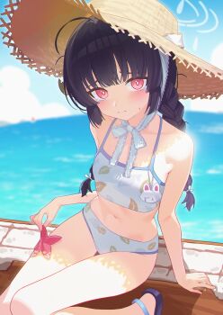 1girl absurdres ahoge bare_shoulders benpao_de_ruoji bikini black_hair blue_archive blush braid bright_pupils commentary day flat_chest grey_halo halo hat highres leaf leaf_on_head leaf_print long_hair looking_at_viewer miyu_(blue_archive) miyu_(swimsuit)_(blue_archive) navel official_alternate_costume outdoors print_bikini red_eyes sitting solo starfish straw_hat swimsuit tearing_up twin_braids white_bikini white_pupils