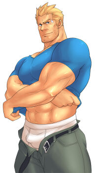1boy abs bandage_on_face bandages bara beard_stubble belt belt_buckle black_belt blonde_hair blue_shirt buckle bulge cid_highwind closed_mouth clothes_lift covered_pectorals cowboy_shot facial_hair final_fantasy final_fantasy_vii green_pants hair_slicked_back looking_to_the_side magnum_feering male_focus male_underwear muscular muscular_male navel open_pants pants pectorals shirt shirt_lift sideways_glance simple_background smile solo standing strongman_waist stubble t-shirt underwear white_background white_male_underwear