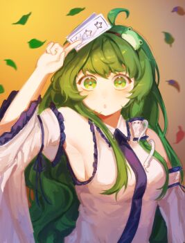 1girl :o absurdres ahoge ariichurro armpits bare_shoulders between_fingers black_hairband blush breasts collared_shirt commentary dot_nose english_commentary frilled_shirt frilled_shirt_collar frilled_sleeves frills frog_hair_ornament gradient_background green_eyes green_hair hair_ornament hair_tubes hairband highres holding kochiya_sanae leaf long_hair long_sleeves looking_at_viewer medium_breasts ofuda ofuda_between_fingers open_mouth shirt sideboob single_hair_tube single_sidelock sleeve_bow sleeve_ribbon sleeveless sleeveless_shirt snake_hair_ornament solo star-shaped_pupils star_(symbol) symbol-shaped_pupils touhou wide_sleeves