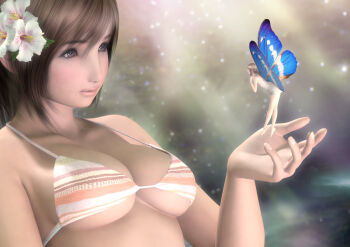 1girl 3d bad_id bad_pixiv_id bikini breasts brown_eyes brown_hair butterfly_wings fairy female_focus flower giant giantess hibiscus hinemaru insect_wings large_breasts mini_person minigirl original short_hair solo strap_gap swimsuit underboob undersized_clothes wings