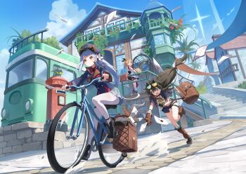 3girls ahoge bag bandaged_leg bandages bicycle black_boots black_hair black_shorts black_skirt blue_eyes blue_hair blue_hat blue_jacket boots braid buttons catching collared_shirt crown_braid donna_(stella_sora) double-breasted dress dress_shirt dust_cloud envelope flower freesia_(stella_sora) game_cg goggles goggles_on_head grey_skirt hair_flower hair_ornament half-skirt hat heterochromatic_eyewear high_heel_boots high_heels highres jacket long_hair low-tied_long_hair messenger_bag miniskirt monolith_(object) multiple_girls non-web_source official_art one_side_up open_bag orange_hair pantyhose pleated_skirt post_haste_(stella_sora) red_eyes red_shirt riding riding_bicycle shirt short_hair short_shorts shorts shoulder_bag side_braid side_ponytail skirt stella_sora teresa_(stella_sora) tinted_eyewear very_long_hair white_dress white_flower white_pantyhose
