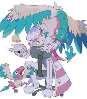 Rule 34 | 1boy, archen, archeops, backwards hat, berry (pokemon), chair, coat, emmet (pokemon), evolutionary line, full body, gen 5 pokemon, gloves, hat, highres, kari (user grrs8577), long sleeves, male focus, nintendo, one eye closed, open mouth, pokemon, pokemon (creature), pokemon bw, pokemon on back, shoes, simple background, sitrus berry, sitting, sitting backwards, swivel chair, white background, white coat, white gloves, white hat, white shoes