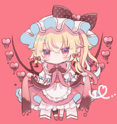 Rule 34 | 1girl, ascot, bat wings, blonde hair, chibi, commentary request, crystal, flandre scarlet, hat, hat ribbon, hiyuu (hiyualice), mob cap, multicolored wings, one side up, puffy short sleeves, puffy sleeves, red eyes, red vest, ribbon, short sleeves, side ponytail, skirt, skirt set, solo, star (symbol), touhou, vest, white hat, wings, yellow ascot