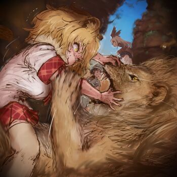 Rule 34 | 3girls, absurdres, animal ears, bald eagle (kemono friends), bird girl, bird tail, bird wings, black hair, black jacket, black pantyhose, blonde hair, blue skirt, brown hair, bucket hat, captain (kemono friends), fighting, fur collar, hat, head wings, highres, jacket, kemono friends, kemono friends 3, lion, lion (kemono friends), lion ears, lion girl, lion tail, long hair, long sleeves, multicolored hair, multiple girls, nadegiri, pantyhose, plaid clothes, plaid skirt, plaid trim, pleated skirt, red skirt, red trim, safari jacket, shirt, short hair, short sleeves, sidelocks, skirt, t-shirt, tail, thighhighs, white fur, white hair, white shirt, white thighhighs, wings, yellow eyes, zettai ryouiki