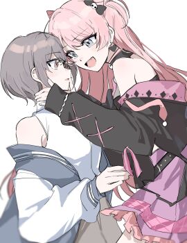 2girls bang_dream! bang_dream!_it&#039;s_mygo!!!!! black_jacket blue_jacket brown_eyes chihaya_anon commentary_request earrings fang grey_eyes grey_hair heart heart_earrings highres jacket jewelry long_hair multicolored_hair multiple_girls off_shoulder open_mouth pink_hair purple_skirt sanrio shirt short_hair skirt sleeveless sleeveless_shirt suudori takamatsu_tomori teeth two-tone_hair upper_teeth_only white_shirt yuri