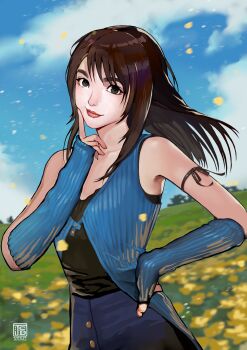 1girl absurdres arm_ribbon bare_shoulders black_hair black_ribbon black_shirt blue_arm_warmers blue_cardigan blue_skirt blue_sky blue_sleeves blurry blurry_background brown_hair cardigan closed_mouth cloud cloudy_sky dated falling_petals field final_fantasy final_fantasy_viii finger_to_own_chin flower flower_field fumezu1 gold_buttons grey_eyes hair_between_eyes hand_on_own_hip highres light_smile long_hair meadow petals ribbon rinoa_heartilly shirt skirt sky sleeveless sleeveless_shirt sleeves_past_wrists solo upper_body yellow_flower yellow_petals