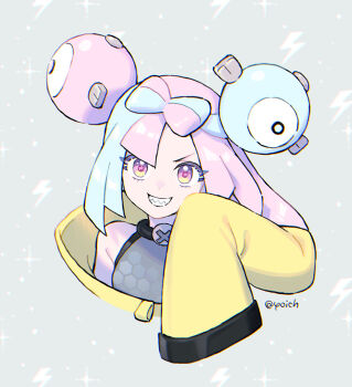 1girl bow-shaped_hair commentary_request cropped_torso eyelashes grey_background iono_(pokemon) jacket koma_yoichi lightning_bolt_symbol long_sleeves looking_at_viewer multicolored_hair nintendo pink_hair pokemon pokemon_sv sharp_teeth sleeves_past_fingers sleeves_past_wrists smile solo star-shaped_pupils star_(symbol) symbol-shaped_pupils teeth twitter_username two-tone_hair upper_body wide_sleeves yellow_jacket