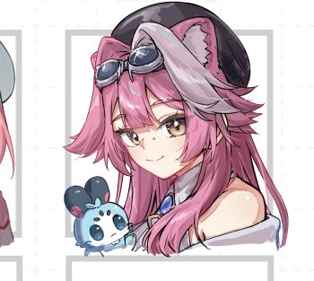 Rule 34 | 1girl, animal ears, beret, black hat, cat ears, cat girl, chattino (raora panthera), closed mouth, collared shirt, commentary, goggles, goggles on head, hat, highres, hololive, hololive english, looking at viewer, pink hair, pink streaks, raora panthera, raora panthera (1st costume), shirt, smile, solo, u da desu, virtual youtuber, white shirt, yellow eyes