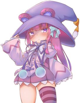 1girl absurdres animal_ears bear_ears bear_girl blush collar curvy dumpty_alma emil_chronicle_online green_ribbon hair_ribbon hat highres loli long_hair neck_ribbon pleated_skirt purple_eyes purple_hair purple_hat purple_ribbon purple_shirt purple_skirt purple_thighhighs ribbon shirt silver-index skirt solo striped_clothes striped_thighhighs thighhighs thighs white_background white_collar witch_hat