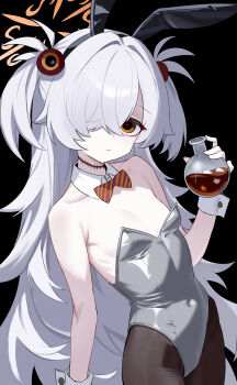 1girl absurdres animal_ear_hairband animal_ears bare_shoulders black_background black_hairband black_pantyhose blue_archive bow bowtie breasts brown_pantyhose closed_mouth covered_navel cowboy_shot detached_collar diagonal-striped_bow diagonal-striped_bowtie diagonal-striped_clothes fake_animal_ears flask grey_hair grey_leotard hair_between_eyes hair_over_one_eye hairband halo hand_up highres holding holding_flask kanoe_(blue_archive) leotard loli long_hair looking_at_viewer mole mole_on_arm one_eye_covered orange_eyes orange_halo oversized_breast_cup pantyhose playboy_bunny rabbit_ears round-bottom_flask scar scar_on_neck shenqi_xiaohuang simple_background small_breasts solo standing strapless strapless_leotard striped_bow striped_bowtie striped_clothes tilted_head two_side_up very_long_hair white_wrist_cuffs wrist_cuffs