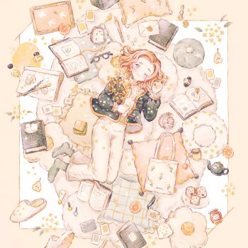 1girl ;) bag bikini bird black_jacket book bread bread_slice brown_hair closed_mouth coin_purse commentary_request cosmetics cup cushion digital_camera dove drawing_(object) food fruit full_body glasses gold_osmanthus grey_eyes grey_socks hedgehog jacket long_sleeves looking_at_viewer lying marmalade medium_hair nail_polish_bottle no_shoes on_back one_eye_closed open_book open_clothes open_jacket orange_bikini original paintbrush pants pear pencil plate pouch print_bag ryokuno_green shirt slippers smile socks solo sparkle squirrel swimsuit teacup teapot toggles unworn_bag unworn_eyewear unworn_slippers unworn_wristwatch watch white_bag white_bird white_pants white_shirt white_slippers wristwatch