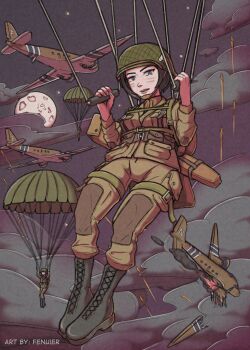 3girls aircraft airplane among_us bandolier belt black_hair blue_eyes boots broken broken_wing c-47 cloud crash falling fenuier firing highres holding horizontal_stabilizer invasion_stripes khaki_pants lace-up_boots landing_gear military military_vehicle moon multiple_girls original parachute parachute_lines parachute_risers parachute_toggles paratrooper propeller shot_down soldier spade_(shape) star_(sky) transport_plane united_states united_states_army vertical_stabilizer weapon_case window wings world_war_ii