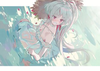 1girl commentary dress dutch_angle hat multicolored_hair ocean original partially_submerged red_eyes solo stemiomio straw_hat sundress wading water