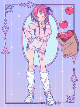 1girl ;) absurdres apple bag bare_shoulders black_hair blue_background blush bow braid braided_hair_rings bright_pupils closed_mouth commentary food fruit full_body hair_bow hair_rings hand_on_own_hip highres kneehighs long_hair long_sleeves looking_at_viewer mahou_shoujo_madoka_magica multiple_braids off-shoulder_shirt off_shoulder one_eye_closed paper_bag pink_shirt red_eyes red_hair ruru_(rurumagi) sakura_kyoko shirt shoes shorts smile socks solo standing striped_background twitter_username vertical-striped_background white_pupils white_shoes white_shorts white_socks