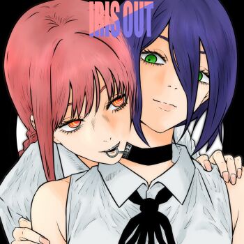 2girls black_background black_choker blue_hair chainsaw_man choker closed_mouth collared_shirt green_eyes grenade_pin hair_between_eyes highres isuke_(isuke_now) long_hair_between_eyes makima_(chainsaw_man) mouth_hold multiple_girls red_eyes red_hair reze_(chainsaw_man) ringed_eyes shirt sidelocks sleeveless sleeveless_shirt teeth_hold