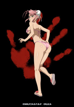 arifureta_shokugyou_de_sekai_saikyou ass bikini bad_tag glasses highres highschool_of_the_dead looking_at_viewer official_art pink_bikini pink_hair sandals simple_background swimsuit takagi_saya yellow_eyes