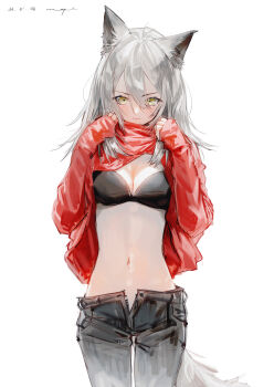 1girl absurdres alternate_costume animal_ears arknights black_bra bra clothes_lift dated denim expressionless grey_hair highres jeans looking_at_viewer navel open_fly pants pppmepl projekt_red_(arknights) red_shirt shirt shirt_lift solo tail underwear white_background wolf_ears wolf_girl wolf_tail