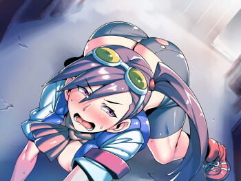 Rule 34 | 1girl, all fours, ass, bent over, bike shorts, blush, breasts, butt crack, curvy, feet, female focus, from above, goggles, hibiki ran, highres, hip focus, huge ass, indoors, justice gakuen, large breasts, legs, long hair, looking at viewer, matching hair/eyes, nipples, open clothes, open mouth, ponytail, purple eyes, purple hair, shiritsu justice gakuen, shoes, side ponytail, solo, sweat, sweatdrop, thick thighs, thighs, torn clothes, tukiwani, wide hips