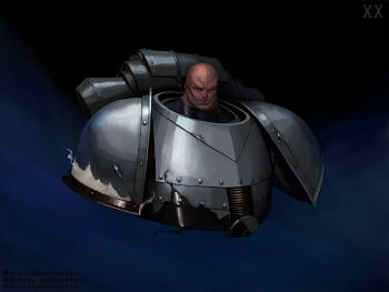 Rule 34 | 1boy, absurdres, alpha legion, alpharius, armor, artist name, artstation logo, artstation username, bald, black background, blue background, bolt (hardware), breastplate, closed mouth, commentary, english commentary, full armor, grey armor, highres, instagram logo, instagram username, looking at viewer, metal trim, patreon logo, patreon username, pauldrons, potoq, power armor, primarch, roman numeral, shoulder armor, simple background, solo, warhammer 40k