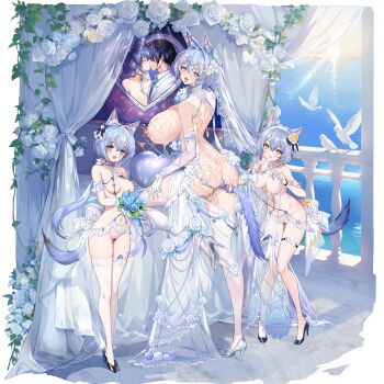 +_+ 3girls :3 anal anal_beads anal_object_insertion anal_tail animal_ears ass bar_censor bed bird breasts bridal_lingerie bukkake butt_plug censored cum cum_on_ass cum_on_body cum_on_breasts cum_on_hair cum_on_upper_body dog_ears dog_girl dog_tail dress elbow_gloves facial fake_tail gloves green_eyes heart_cushion high_heels highres huge_breasts lingerie medium_breasts multiple_girls navel nipple_chain nipple_piercing nipple_rings nipples object_insertion open_mouth photo_(object) piercing pussy q_azieru red_eyes remote_control_vibrator revealing_clothes see-through_clothes see-through_dress sex_toy star_lusts tail thigh_strap thighhighs tongue tongue_out underwear vibrator vibrator_in_thighhighs wedding_dress white_gloves white_thighhighs yellow_eyes