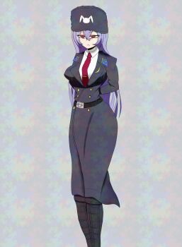 1girl alternate_costume animal_ears arms_behind_back bags_under_eyes belt boots breasts coat combat_boots crescent frown hat highres jacket long_hair military_hat military_jacket military_uniform necktie overcoat purple_hair rabbit_ears rabbit_symbol red_eyes red_necktie reisen_udongein_inaba shirt simple_background solo touhou ushanka very_long_hair zoruzorarara
