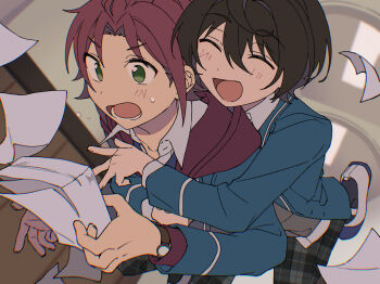 2boys :d ^_^ behind_another ceiling ceiling_light chromatic_aberration closed_eyes ensemble_stars! falling falling_paper flying_sweatdrops hand_on_another's_chest highres holding holding_paper hug hug_from_behind indoors isara_mao leaning_on_person leg_up light_blush lower_teeth_only male_focus multiple_boys niyororinpayamaru open_mouth paper paper_stack sakuma_ritsu school_uniform shoes smile standing standing_on_one_leg surprised sweatdrop teeth uwabaki watch wristwatch yumenosaki_school_uniform