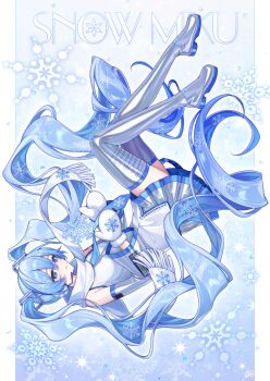 Rule 34 | 1girl, bare shoulders, blue background, blue eyes, blue hair, blue necktie, boots, border, character name, closed mouth, commentary request, detached sleeves, floating clothes, gloves, gradient background, grey boots, grey skirt, hair between eyes, hair ornament, half-closed eyes, hands up, hatsune miku, headphones, highres, karokuchitose, long hair, long sleeves, looking at object, microphone, miniskirt, necktie, official alternate costume, outside border, pleated skirt, scarf, shirt, signature, skirt, sleeveless, sleeveless shirt, smile, snowflake background, snowflake print, snowflakes, solo, sparkle background, thigh boots, twintails, upside-down, very long hair, vocaloid, wavy hair, white background, white border, white gloves, white scarf, white shirt, white sleeves, wide sleeves, yuki miku, yuki miku (2011)