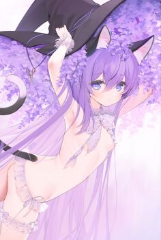 1girl animal_ear_fluff animal_ears armpits arms_up black_hat black_tail blue_eyes bow bowtie breasts byulzzi cat_ears cat_tail collar commentary_request detached_collar dot_nose flower flower_in_hat frilled_bowtie frilled_collar frilled_panties frilled_thigh_strap frilled_wrist_cuffs frills gradient_background hair_between_eyes hands_on_headwear hat highres large_hat long_hair looking_at_viewer original panties purple_background purple_hair purple_ribbon ribbon scissors side-tie_panties signature simple_background small_breasts solo straight_hair tail thigh_strap topless_female two-tone_tail underwear variant_set very_long_hair white_background white_bow white_bowtie white_wrist_cuffs witch_hat wrist_cuffs