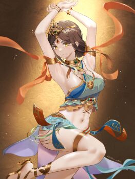 1girl absurdres alternate_costume armpits arms_up black_hair blush bracelet breasts commentary_request crop_top dancer dancing dunhuang_dance dunhuang_style facial_mark hair_ornament hanying:_solacetune_(flying_apsara)_(pgr) hanying:_solacetune_(pgr) hanying_(pgr) headpiece highres jewelry leg_up looking_at_viewer medium_breasts midriff navel official_alternate_costume orange_shawl parted_bangs punishing:_gray_raven shawl sideboob signature simple_background solo thigh_strap utim yellow_eyes