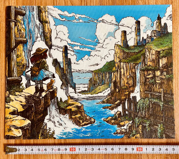 1girl absurdres acrylic_paint_(medium) backpack bag black_hair blue_skirt blue_sky canyon cat cliff cloud commentary_request dated_commentary day facing_away from_behind hat highres landscape medium_hair original outdoors painting_(medium) river scenery shirt skirt sky solo standing traditional_media water waterfall wide_shot yousonn