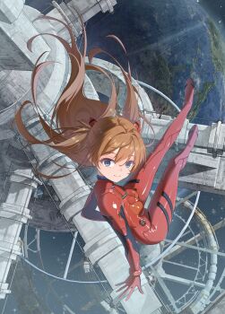 Rule 34 | 1girl, absurdres, blue eyes, bodysuit, breasts, chinese commentary, closed mouth, commentary request, earth (planet), eyelashes, floating hair, from above, full body, hair between eyes, highres, liangfangliangfangliang, long hair, looking at viewer, looking up, mecha pilot suit, neon genesis evangelion, orange hair, planet, plugsuit (evangelion), red bodysuit, satellite, sitting, small breasts, smile, solo, souryuu asuka langley, split mouth, two side up, very long hair