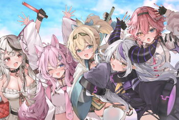 5girls :3 :d ahoge animal_ear_fluff animal_ears appleseed_(appleseed_art) aqua_nails bare_shoulders black_choker black_gloves black_hair black_horns blonde_hair blue_eyes blue_sky blush bow breast_pocket breasts chemical_structure choker cleavage cloud coat_dress collar commentary demon_girl demon_horns dress fang feathered_wings fingerless_gloves fluffy_hair frills gloves glowstick grey_hair hair_between_eyes hair_ornament hakui_koyori hakui_koyori_(1st_costume) haori head_wings heart heart_choker heterochromia hexagon_hair_ornament highres holding holding_glowstick holding_sword holding_weapon hololive holox horns japanese_clothes katana kazama_iroha kazama_iroha_(1st_costume) kimono la+_darknesss la+_darknesss_(1st_costume) large_breasts long_hair long_sleeves looking_at_another metal_collar midriff multicolored_bow multicolored_hair multicolored_horns multiple_girls nail_polish necktie one_eye_closed open_mouth outdoors pink_hair pink_necktie pocket pocket_watch pointy_ears ponytail puffy_long_sleeves puffy_sleeves purple_hair purple_horns red_eyes red_nails red_necktie sakamata_chloe sakamata_chloe_(1st_costume) short_hair sky smile striped_horns sword takane_lui takane_lui_(1st_costume) thick_thighs thighhighs thighs virtual_youtuber watch weapon white_hair white_thighhighs wide_sleeves wings wolf_ears wolf_girl x_hair_ornament yellow_eyes zipper