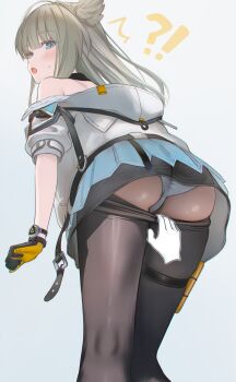 !? 1girl ? ai-assisted arknights arknights:_endfield ass blue_eyes closed_mouth clothes_pull commentary_request from_behind gloves grey_hair head_wings highres jacket long_hair looking_at_viewer open_clothes open_jacket panties pantyhose pantyhose_pull pantyshot perlica_(arknights) poki_(j0ch3fvj6nd) skirt thighhighs underwear upskirt watch white_panties wings wristwatch