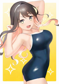1girl alternate_costume ass black_hair blue_one-piece_swimsuit blush breasts collarbone competition_school_swimsuit covered_navel cowboy_shot fang hairband kantai_collection large_breasts long_hair looking_at_viewer multicolored_hair naganami_(kancolle) naganami_kai_ni_(kancolle) one-piece_swimsuit open_mouth pink_hair sakiecho school_swimsuit smile solo swimsuit two-tone_hair wavy_hair yellow_background yellow_eyes