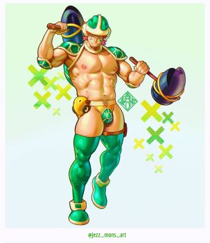 1boy abs armor bare_pectorals belt border brown_belt closed_mouth commentary dual_wielding english_commentary full_body green_shoes hammer hammer_bro helmet highres holding holding_hammer holding_weapon humanization jezz_mons_art large_pectorals male_focus mario_(series) muscular muscular_male navel nintendo over-kneehighs pauldrons pectorals pink_hair pouch shoes shoulder_armor smile solo standing thigh_belt thigh_pouch thigh_strap thighhighs thighs thong turtle_shell twitter_username weapon white_border