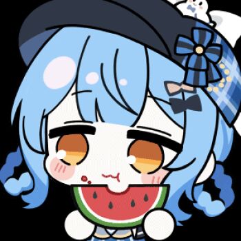 1girl animated animated_gif artist_collaboration black_capelet black_hat blue_hair blush_stickers braid braided_hair_rings capelet chibi chibi_only chunye_haruya eating food fruit hair_rings hat holding holding_food holding_fruit holding_watermelon looking_at_viewer lowres mahou_shoujo_no_majo_saiban nekoyashiki_riri no_nose rayman_limbs short_hair simple_background solo tachibana_sherry transparent_background upper_body watermelon watermelon_slice yellow_eyes