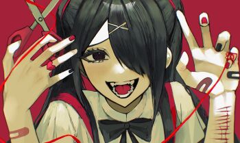 1girl absurdres ame-chan_(needy_girl_overdose) bandaid bandaid_on_arm bandaid_on_hand black_bow black_eyes black_hair blood blood_drip blood_on_arm bow fangs hair_over_one_eye hand_up hands_up highres long_hair nail_polish needy_girl_overdose open_mouth pao_(i_loxe_u) red_background red_nails scissors self-harm shirt sidelocks simple_background smile solo string string_of_fate suspenders twintails white_shirt