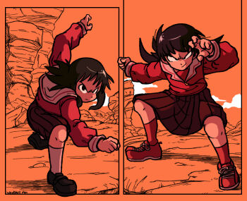 Rule 34 | 2girls, azumanga daioh's school uniform, azumanga daiou, cloud, commentary, dragon ball, dragonball z, english commentary, evil smile, kasuga ayumu, multiple girls, outdoors, parody, rock, sailor collar, school uniform, skirt, smile, socks, takino tomo, white sailor collar, woolskullman