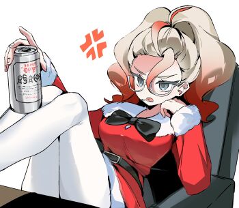 1girl anger_vein asahi_breweries beer_can belt black_belt black_bow black_bowtie black_pantyhose blue_eyes bow bowtie breasts can chair cigarette dress drink_can ebi_(shrimp_eleven) fur-trimmed_dress fur_trim gen_2_pokemon glasses gradient_hair griselle_(pokemon) highres holding holding_can long_sleeves medium_breasts multicolored_hair nintendo open_mouth orange_hair pantyhose pokemon pokemon_legends:_z-a ponytail red_dress red_hair santa_costume santa_dress sitting two-tone_hair unown unown_a unown_d unown_e unown_h unown_p unown_r unown_s unown_u unown_y unownglyphics white-framed_eyewear white_hair