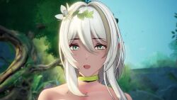 1boy 1girl 3d :o animated arm_up armpits arms_behind_back ass back blue_sky breasts brown_hair choker clif clothed_male_nude_female collarbone dappled_sunlight dark-skinned_female dark_skin elf eyebrows_hidden_by_hair fingernails flower from_side full_body grass green_eyes grey_hair hair_between_eyes hair_flower hair_intakes hair_ornament hand_on_another&#039;s_head head_pat lake large_breasts leaf leaf_hair_ornament legs light_particles light_rays looking_at_viewer looking_up multicolored_hair navel nipples nita_(snowbreak) nita_-_pulse_(sylvan_spirit) nude official_alternate_costume official_alternate_hairstyle open_mouth outdoors pointy_ears pov river rock rubbing_head short_hair_with_long_locks sidelocks sitting sitting_on_rock sky smile snowbreak:_containment_zone sound standing streaked_hair sunlight bouncing_breasts tagme third-party_edit toned toned_female tongue tree turning_around turning_head video water waterfall white_flower white_hair