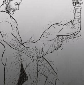 2boys abs anal asd4486 ass bandaged_arm bandaged_leg bandages bara beard blood blush bullet_hole chest_hair claw_(weapon) closed_eyes completely_nude cum ejaculating_while_penetrated ejaculation erection facial_hair from_side full-face_blush full_beard gauze gauze_on_chest gauze_on_knee hairy highres large_pectorals leg_hair logan_(movie) male_focus marvel mature_male motion_lines multiple_boys muscular muscular_male mutual_orgasm nipples nude old old_man open_mouth orgasm pectorals penis projectile_cum sabertooth_(x-men) scar sex sex_from_behind short_hair standing standing_sex sweat thick_thighs thighs trembling uncensored very_sweaty weapon wolverine_(x-men) x-men x-men_film_series yaoi