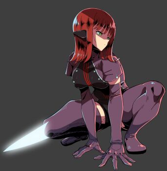 1girl arms_between_legs boots breasts commentary elbow_gloves full_body gloves green_eyes grey_background headphones heattech_leotard highres isanainusa jacket katori_squad's_uniform katori_youko knee_blade large_breasts leotard medium_hair purple_boots purple_gloves purple_jacket red_hair shaded_face squatting thick_thighs thigh_boots thighs turtleneck weapon world_trigger